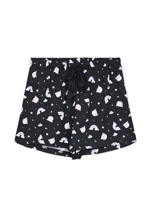 Pantaloni corti neri con un motivo giocoso di arcobaleni, cuori e nuvole. Realizzati in un materiale morbido con vita elastica e cordoncino.