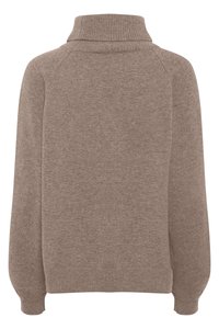 Brown knit sweater with a tall, ribbed neck, raglan sleeves, and fitted cuffs. Soft texture with a solid color finish.