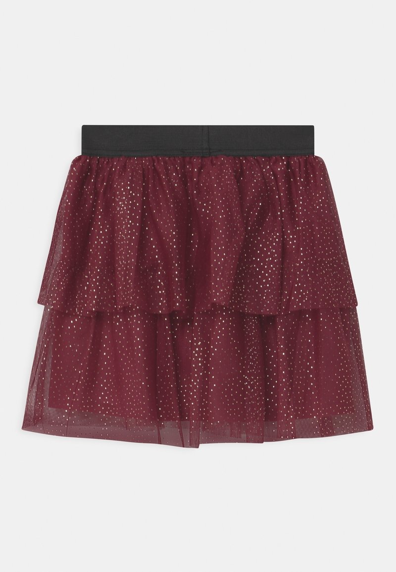 Jupe en tulle bordeaux à plusieurs couches avec des paillettes argentées et une large ceinture élastique noire, présentée à plat sur un fond blanc.