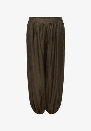 Tummanoliivinvihreät, korkeavyötäröiset, väljät housut, jotka on valmistettu keveästä, teksturoidusta kankaasta ja joissa on kerätyt nilkkakummit.