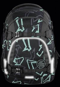 Black backpack featuring green geometric patterns, reflective accents, adjustable straps, and a round logo badge. Textured fabric finish.