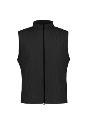 Zwarte mouwloze doorgestikte bodywarmer met hoge kraag en centrale ritssluiting aan de voorkant op een witte achtergrond.