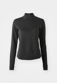 Pulover negru cu mânecă lungă, confecționat dintr-un material elastic, având guler ridicat și fermoar în față pe un sfert. Textură netedă, design ajustat.