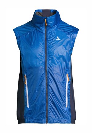 Blauwe vest met hoge kraag, gemaakt van lichtgewicht materiaal. Voorzien van een ritssluiting aan de voorkant, twee zijzakken met oranje en witte accenten.