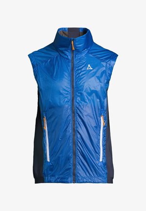 Blauwe vest met hoge kraag, gemaakt van lichtgewicht materiaal. Voorzien van een ritssluiting aan de voorkant, twee zijzakken met oranje en witte accenten.