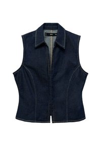 Donkerblauwe denim mouwloze top met een puntige kraag, voorrits, getailleerd ontwerp en contrasterende stikseldetails.