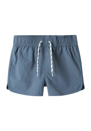 Shorts de bain bleus avec une taille élastique et un cordon de serrage. Possède des fentes sur les côtés et un tissu texturé. Coupe classique et design léger.