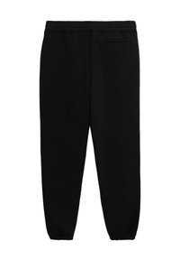 Pantaloni de trening negri, dintr-un material moale, cu o talie elastică, picioare înguste și un singur buzunar pe spate. Textură netedă, fără modele vizibile.