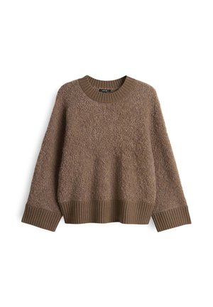Maglione marrone in maglia morbida con scollatura rotonda, polsini e orlo a costine. Superficie testurizzata con una vestibilità ampia e un motivo granuloso prominente.