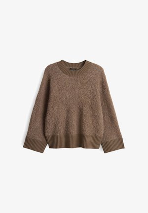 Brauner, flauschiger Strickpullover mit runder Halsöffnung, gerippten Bündchen und Saum. Strukturiert Oberfläche mit lockerer Passform und auffälligem Kornmuster.