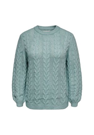 Maglione a maglia a treccia in un colore turchese chiaro, con un motivo testurizzato, colletto rotondo e polsini e orlo a costine. Realizzato in un morbido tessuto lavorato a maglia.