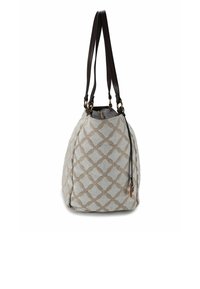 Beige en grijs gemêleerde tote bag met een gestructureerde afwerking, bruine leren handvatten en hardware in goudkleur. Ruime, slungelige vorm met een vlakke basis.