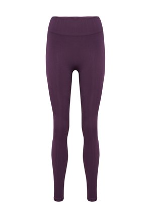 Lilla, tætsiddende leggings med høj talje, lavet af strækbart ribbet stof, der har en glat tekstur og ingen synlige mønstre eller detaljer.