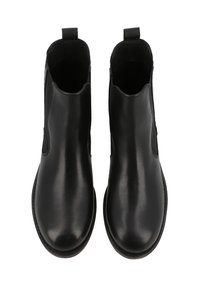 Black leather ankle boots with elastic side panels, round toe, and pull tabs. Smooth texture with minimal visible hardware.
