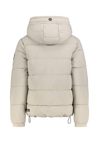Beige gepolsterte Jacke mit Kapuze, versehen mit horizontalen Steppabschnitten, elastischen Bündchen und einem Kordelzug am Saum. Logo auf dem Ärmel.