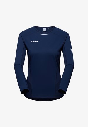 Marineblauwe lange mouwen shirt van lichtgewicht, ademend materiaal. Beschikt over een ronde hals, platte naden en een logo op de borst en mouw.