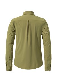 Rückansicht eines olivgrünen, langärmeligen Hemdes mit Knöpfen, einem Mittelzug und geknöpften Manschetten.