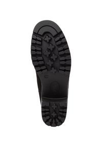 Černá pryžová podrážka boty s hlubokými vzory běhounu, s šestihrannými a křížovými výstupky pro lepší trakci. Velikost označena jako 37.