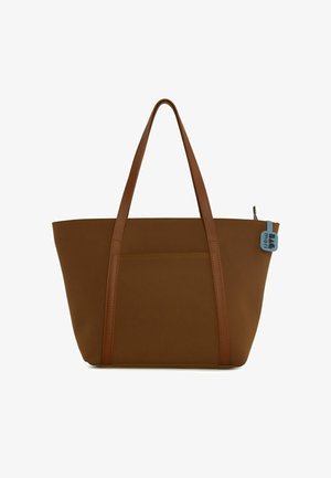 Barna válltáska két hosszú pánttal, sima anyagból készült. Elöl zseb található, a cipzáron pedig kék fém címke.