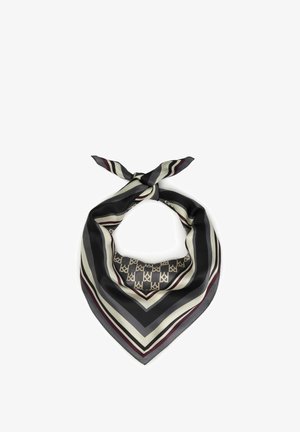 Silk scarf in a triangular shape featuring a striped pattern in dark grey, cream, and burgundy, with a logo design in the center.