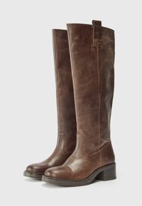 Bottes en cuir marron hauteur genou avec une finition lisse, bout rond, talon bas empilé et une languette en haut pour un enfilage facile.