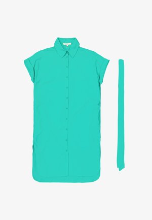 Türkises Kurzarmhemd mit Kragen, mit Knopfleiste und seitlichem Schlitz. Enthält eine separate passende Krawatte. Glatte Stoffstruktur.