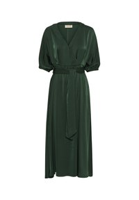 Groene satijnen wikkeljurk met een V-hals, korte pofmouwen en een gestrikt tailleband, met een vloeiende rokontwerp.
