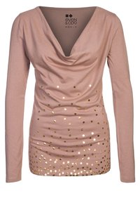 Long-sleeve, V-neck top in light pink fabric with draped front; features gold sequin dots concentrated at the bottom half.