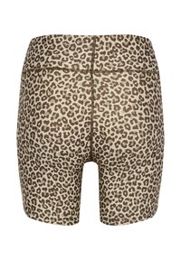 Bruine fietsbroek met luipaardprint, hoge tailleband, gladde rekbare stof en platte naden voor comfort. Gesneden tot halverwege de dij.