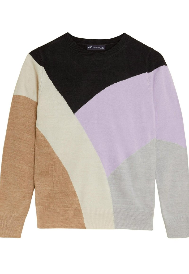 Maglione multicolore con motivi geometrici in nero, beige, lavanda e grigio. Realizzato in morbido materiale a maglia con scollatura a girocollo.