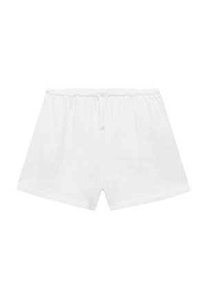 Shorts din bumbac alb cu talie elastică și șnur ajustabil. Au o textură simplă, netedă și o croială lejeră.