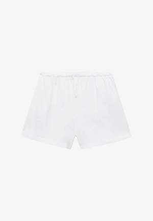 Shorts din bumbac alb cu talie elastică și șnur ajustabil. Au o textură simplă, netedă și o croială lejeră.