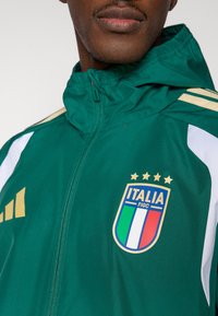 Vihreä urheilutakki, jossa on vetoketjusuljenta, valkoiset sivupanelit ja kultaiset yksityiskohdat. Esillä Italia FIGC -logo neljällä tähdellä.