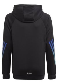 Svart hoodie med raglanärmar, prydd med blå gradientrandningar på ärmarna och en "AEROREADY"-logotyp vid fållen. Slät tygtextur.