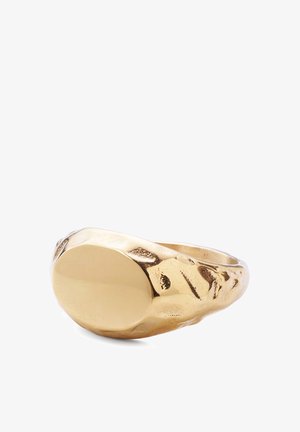 Gold-Siegelring mit einer glatten ovalen Fläche und einem strukturierten, leicht gehämmerten Banddesign.