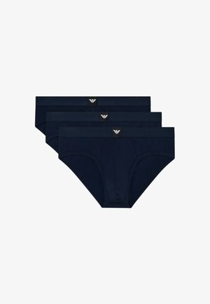 Granatowe męskie slipy, trzy sztuki, wykonane z miękkiej tkaniny, o gładkim wzorze i z logo na elastycznym pasie.