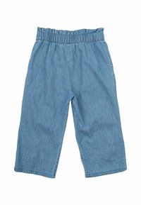 Ljusblå denim culottebyxor med elastisk midja, som har en lös passform och slät textur. Inga fickor eller ytterligare detaljer.