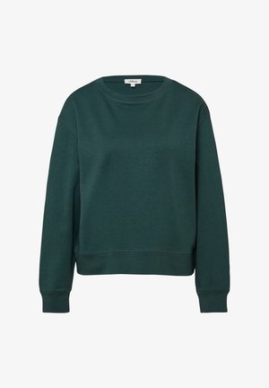 Dunkelgrüner Langarm-Sweatshirt mit Rundhalsausschnitt und gerippten Bündchen sowie Saum, vor einem weißen Hintergrund präsentiert.