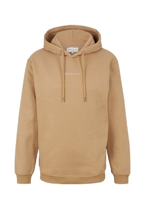 Beżowy bawełniany hoodie z regulowanymi sznurkami, przednią kieszenią typu kangur, ściągaczami na rękawach i małym białym logo na piersi.
