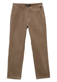 Khaki Cordhosen mit geradem Bein, ausgestattet mit frontalen Taschen und Gürtelschlaufen, strukturiertem Stoff und einer Knopfverschluss.