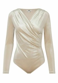 Body s dlouhým rukávem ve stylu zavinovacího střihu z lesklé béžové látky s hladkou texturou a jemným zdobením v přední části.