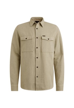 Beige overhemd met lange mouwen en knoopsluiting, twee borstzakken en donkere knopen. Zacht, gestructureerd materiaal met een klassieke kraag.