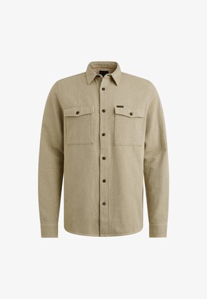 Beige langärmliges Hemd mit durchgehender Knopfleiste, zwei Brusttaschen und dunklen Knöpfen. Weiches, strukturiertes Material mit klassischem Kragen.