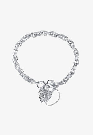 Srebrna zapestnica s povezanimi povezavami in okrasnim srcem s okrasnimi detajli ter povezovalnim verižnim elementom.