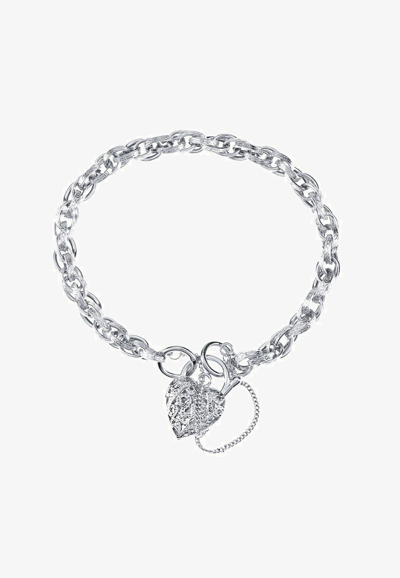 Sidabrinė grandinėlė su sujungtomis jungtimis ir dekoratyvine širdelės pakabuku su puošmenomis bei sujungimo grandinėle.