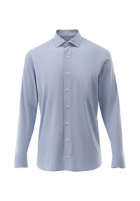 Camicia azzurra a maniche lunghe realizzata in tessuto liscio, con colletto classico e sei bottoni bianchi davanti. Nessun motivo visibile.