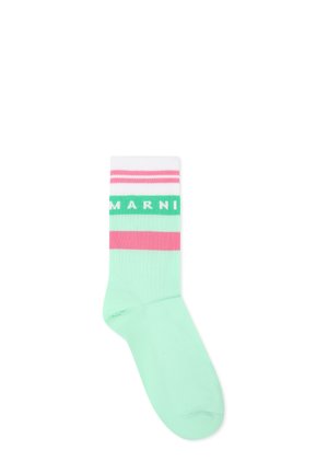Calzini di cotone verde chiaro con strisce rosa e bianche nella parte superiore e logo "MARNI" in verde. Texture liscia, lunghezza a metà polpaccio.