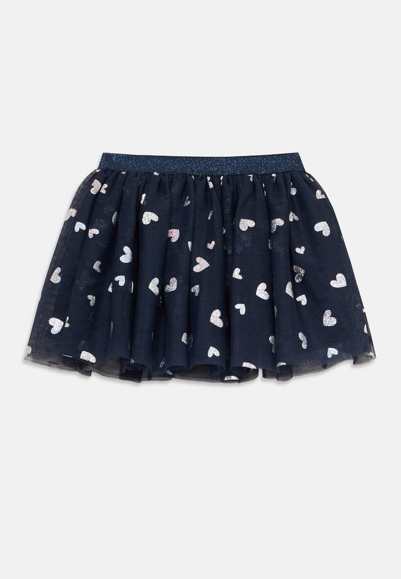 Sötétkék tüll szoknya ezüst csillámos szívmintákkal és csillogó gumis derekú rugalmas derékkal.