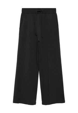 Black wide-leg pants made of soft fabric, featuring a drawstring waistband and two side pockets, with a smooth and simple design.
