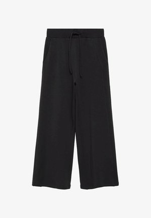 Černé kalhoty s širokými nohavicemi vyrobené z měkkého materiálu, s elastickým pasem na šňůrku a dvěma bočními kapsami, s hladkým a jednoduchým designem.